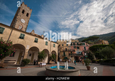 The main square in Monterosso Al Mare, looking towards the Church of St John the Baptist, Monterosso, Cinque Terre, Italy, Stock Photo