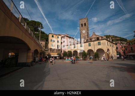 The main square in Monterosso Al Mare, looking towards the Church of St John the Baptist, Monterosso, Cinque Terre, Italy Stock Photo