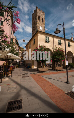 The main square in Monterosso Al Mare, looking towards the Church of St John the Baptist, Monterosso, Cinque Terre, Italy, Stock Photo