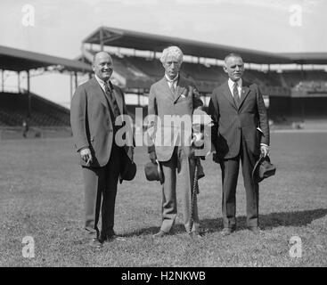 Washington Senators Co-Owner William M. Richardson, 1st Major League Baseball Commissioner Judge Landis & Washington Senators Co-Owner Clark Griffith, Griffith Stadium, Washington DC, USA, National Photo Company, October 1924 Stock Photo