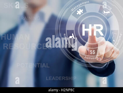 Human resources concept with manager in office touching white board computer interface about skills, training and performance Stock Photo