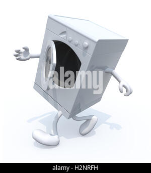 wash machine with arms and legs that run, 3d illustration Stock Photo
