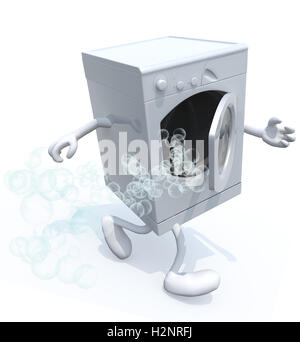 wash machine with arms and legs that run, 3d illustration Stock Photo