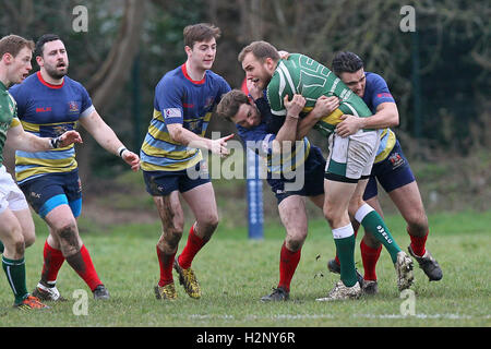 Old Cooperians RFC vs Saffron Walden RFC - Rugby Union at Coopers Company & Coborn School, Upminster  - 14/02/15 Stock Photo