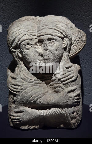 Visitation. Romanesque limestone bas-relief from the 12th century from the Notre Dame de Guitres Abbey in Gironde, currently displayed in the Museum of Aquitaine (Musee d'Aquitaine) in Bordeaux, France. Stock Photo