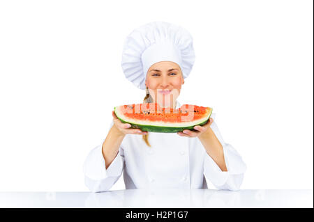 Woman chef in uniform. Isolated on white background Stock Photo
