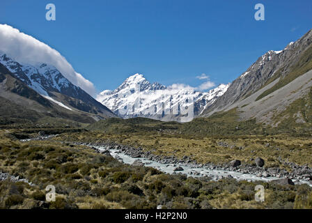 Clouds sweep over mountains in Mt Cook range as seen from the Hooker Valley Track. Stock Photo