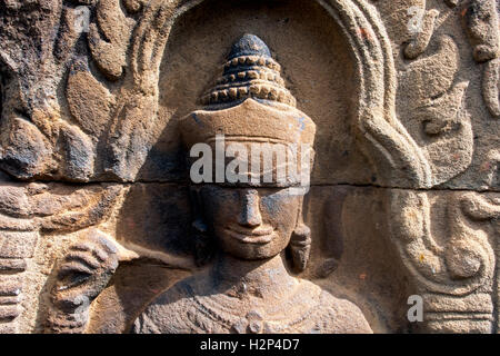 The sandstone construction of an ancient Buddhist temple is on display at Wat Nokor Temple in Kampong Cham, Cambodia. Stock Photo