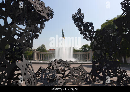 Hochstrahlbrunnen fountain and Soviet War Memorial, Vienna, with modern art installation Stock Photo