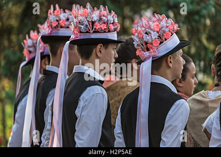 TIMISOARA,ROMANIA-SEPTEMBER 24,2016:Group of youth German dancers from Banat, Romania dressed in folk costumes, present at tradi Stock Photo