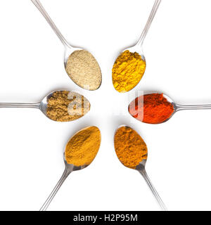 Various spices in spoons isolated on white background. Stock Photo
