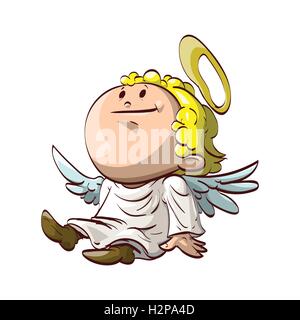 Colorful vector illustration of a cute cartoon angel siting and wearing a white robe. Stock Vector