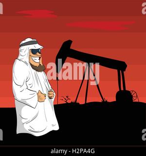 Cartoon illustration of a cartoon Arab Sheikh with an oil pump behind him during the desert sunset. Stock Vector