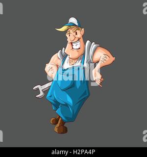 Colorful vector illustration of a cartoon plumber or a mechanic, wearing blue union suit, white shirt and a hat, holding a wren Stock Vector