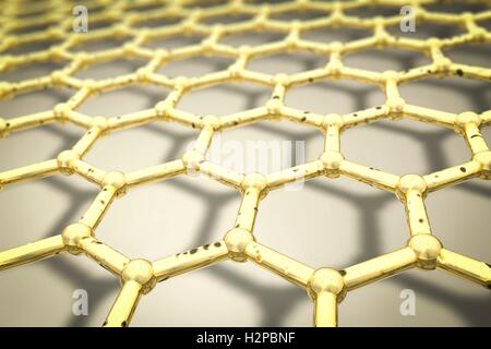 Graphene, computer illustration. Close-up view of the molecular structure of graphene, a single layer of graphite. It is composed of hexagonally arranged carbon atoms (spheres) linked by strong covalent bonds (rods). Graphene is very strong and flexible. Stock Photo