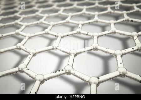 Graphene, computer illustration. Close-up view of the molecular structure of graphene, a single layer of graphite. It is composed of hexagonally arranged carbon atoms (spheres) linked by strong covalent bonds (rods). Graphene is very strong and flexible. Stock Photo