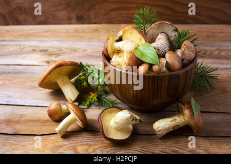 Forest picking mushrooms in wooden bowl . Fresh raw mushrooms on the table. Leccinum scabrum Stock Photo