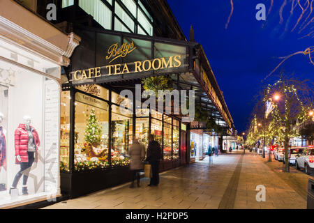 Festive Christmas decorations & lights in attractive window display at Bettys Café Tea Rooms, illuminate dark street - Ilkley, Yorkshire, England, UK. Stock Photo