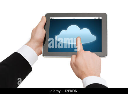 close up of hands with cloud icon on tablet pc Stock Photo