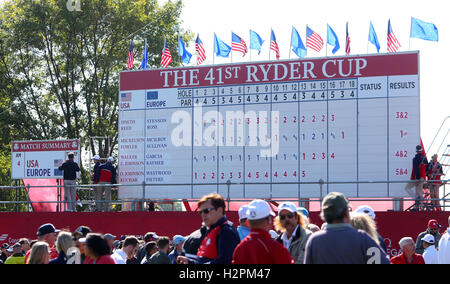 A view of the scoreboard after the morning Foursomes during day one of the 41st Ryder Cup at Hazeltine National Golf Club in Chaska, Minnesota, USA. Stock Photo