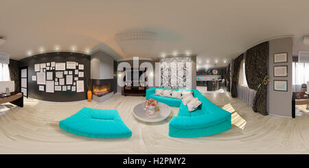 3d illustration spherical 360 degrees, seamless panorama of living room interior design. The design of the living room in the ar Stock Photo