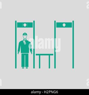 Stadium metal detector frame with inspecting fan icon. Gray background with green. Vector illustration. Stock Vector