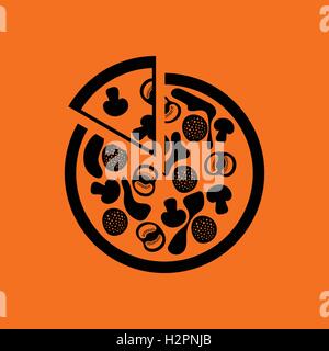 Pizza on plate icon. Orange background with black. Vector illustration. Stock Vector