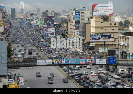 LEBANON, Beirut, heavy traffic on highway to Tripoli, view to city center / LIBANON, Beirut, Autobahn Beirut-Tripoli Stock Photo