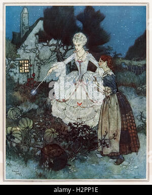 ‘And her godmother pointed to the finest of all with her wand.’ Illustration from ‘Cinderella’ by Edmund Dulac (1882-1953). The fairy godmother transforms a pumpkin into a carriage. See description for more information. Stock Photo
