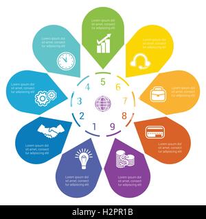 Color Arrows arranged in circle, pointing inside the circle. Template for infographic numbered nine positions. Stock Vector