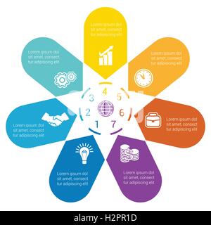 Color Arrows arranged in circle, pointing inside the circle. Template for infographic numbered seven positions. Stock Vector