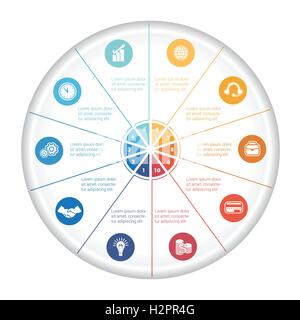 Pie chart diagram data 10 options for text area. Template infographic with icons and numbered Stock Vector