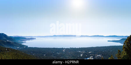 Panorama of Lake Tahoe in winter. Lake Tahoe is located on the border of California and Nevada. Stock Photo