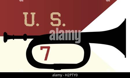 Bugle silhouette of the type used by the 7th cavalry over the 7th cavalry ensign Stock Vector