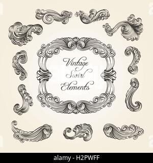 Collection of vintage flourishes and swirls. Scroll elements for frame corner and divider design. Vector illustration. Stock Vector