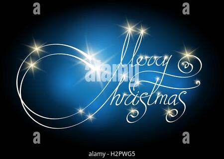 Merry Christmas poster with hand lettering and glowing stars. Vector illustration. Stock Vector