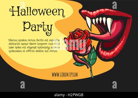 Halloween Party Poster with open vampire mouth and black rose flower. Vector illustration. Stock Vector