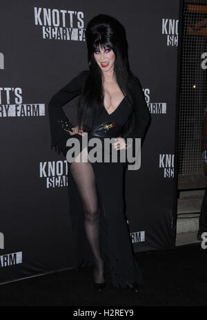 Buena Park, CA, USA. 30th Sep, 2016. 30 September 2016 - Buena Park, California. Elvira. Knott's Scary Farm Black Carpet Party held at Knott's Berry Farm. Photo Credit: Birdie Thompson/AdMedia Credit:  Birdie Thompson/AdMedia/ZUMA Wire/Alamy Live News Stock Photo