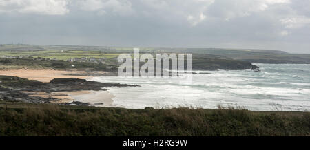 Constantine Near Padstow, Cornwall, UK. 1st October, 2016. Heavy Seas as seen rolling into Boobys Bay and Constantine with Treyarnon Bay in the Background. Ahead of Heavy Autumunal Storms On Sunday and Monday Credit:  @camerafirm/Alamy Live News Stock Photo