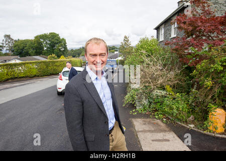 Windermere Village Cumbria 1st October 2016 Tim Farron MP Leader of the Liberal Party On the Stump canvasing for votes for the local elections in Windermere' for the 'Windermere Applethwaite & Troutbeck'seat on the council - Credit:  Gordon Shoosmith/Alamy Live News Stock Photo