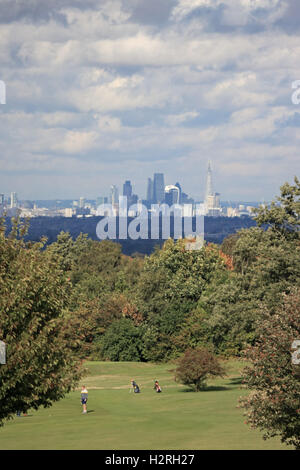 Epsom Downs, Surrey, UK. 1st October 2016. Cumulus cloud over the City of London as viewed from Epsom Downs golfcourse, on a showery day in Surrey. Credit:  Julia Gavin UK/Alamy Live News Stock Photo