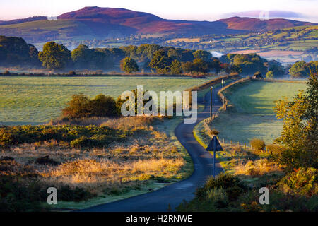 Sunrise over rural farmland of Moel-y-Crio in Flintshire with the highest point of Moel Famau in the Clwydian Range in the distance Stock Photo