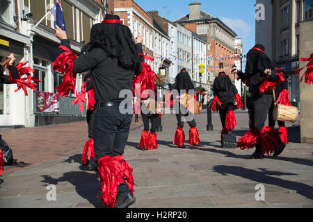 Derby City  Centre, UK. 2nd October 2016. Musicians and dancers are all around Derby Centre today, on the final day of the Derby Folk Festival. Seen here the 'Flag and bone gang' Morris dancers. Credit:  Simon Maycock/Alamy Live News Stock Photo