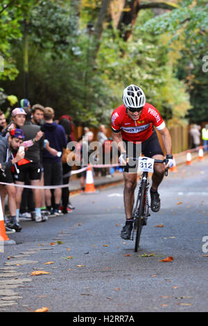 London, UK. 01st Oct, 2016. Dan Corby (London Phoenix), a cyclist competing in the Rollapaluza Urban Hill Climb competition aggressively tacking the steepest section of the course.  His time was 1min 54sec which gave him 8th place in the Veterans Competition.  The event took place on Swain’s Lane, arguably the most famous and notoriously challenging climb in London. . Credit:  Michael Preston/Alamy Live News Stock Photo