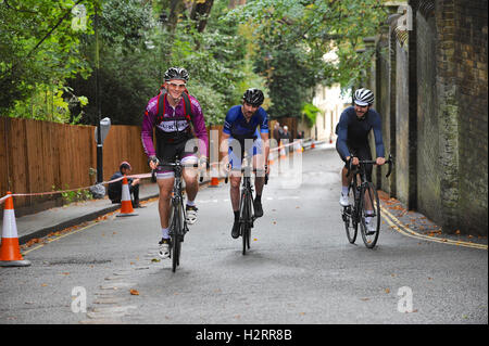 London, UK. 01st Oct, 2016. Cyclists warming up shortly before the start of the Rollapaluza Urban Hill Climb competition.  The event took place on Swain’s Lane, arguably the most famous and notoriously challenging climb in London. . Credit:  Michael Preston/Alamy Live News Stock Photo