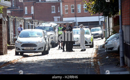 Portsmouth, Hampshire, UK. 2nd October 2016. Police have arrested two men after a brawl spilled into a quiet street in Southsea, which left one man in a serious condition in hospital after he was stabbed. Two men have been taken to Queen Alexandra Hospital, in Cosham, after the incident, which erupted in Lansdowne Street, just after 7am this morning.The brawl involved four men and was sparked following an argument inside a property in the street. Credit:  uknip/Alamy Live News Stock Photo