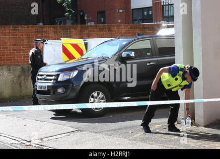 Portsmouth, Hampshire, UK. 2nd October 2016. Police have arrested two men after a brawl spilled into a quiet street in Southsea, which left one man in a serious condition in hospital after he was stabbed. Two men have been taken to Queen Alexandra Hospital, in Cosham, after the incident, which erupted in Lansdowne Street, just after 7am this morning.The brawl involved four men and was sparked following an argument inside a property in the street. Credit:  uknip/Alamy Live News Stock Photo