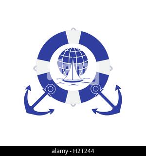Stylized icon of a colored yacht, sailing over the waves on a globe in lifebuoy with two anchors on a white background Stock Vector