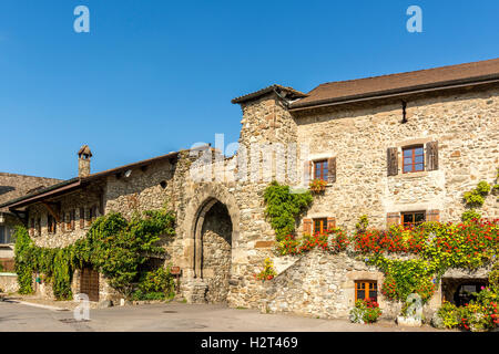 Medieval wall, Yvoire, Rhone-Alpes, Haute-Savoie, France Stock Photo