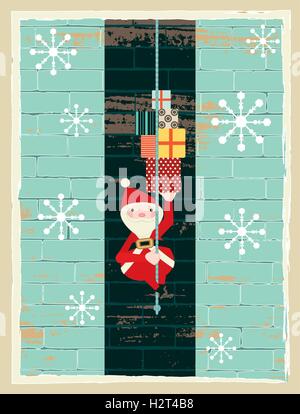 Retro vector illustration of Santa Claus coming down the chimney carrying presents Stock Vector